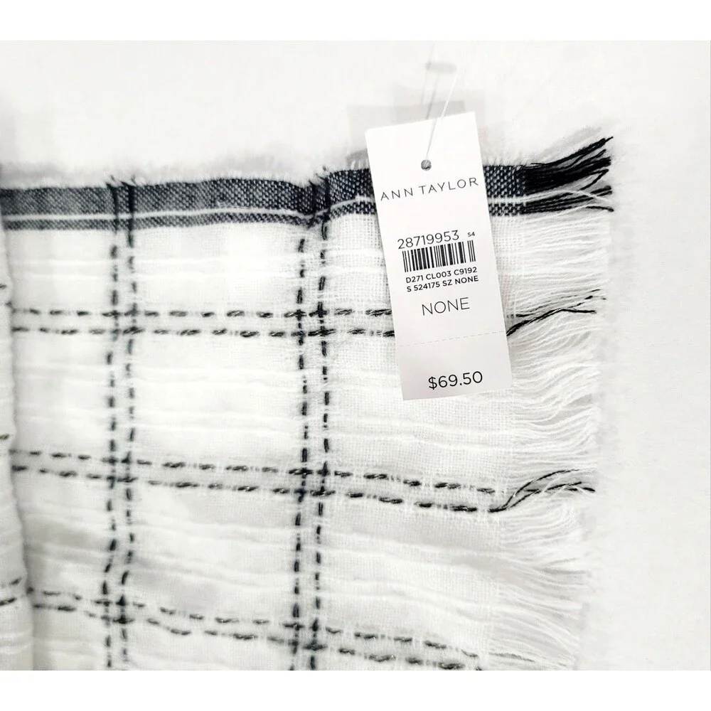 Ann Taylor Fringed Blanket Scarf White Black Plaid Gold Accents 80x27 NWT $70